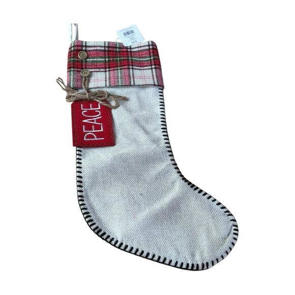 Hobby Lobby Xmas Stocking Peace Tag Country Rustic Stitched Button Red Plaid 18" - Picture 1 of 5